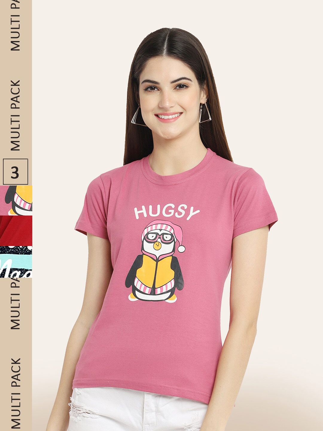 

BAESD Pack Of 3 Printed Round Neck Cotton T-Shirts, Pink