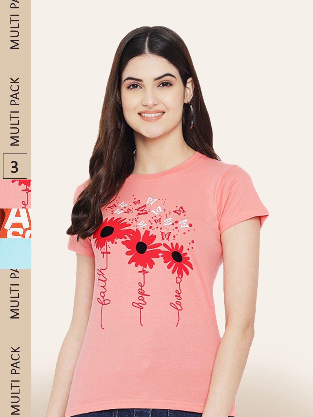 

BAESD Pack Of 3 Printed Round Neck Cotton T-Shirts, Peach