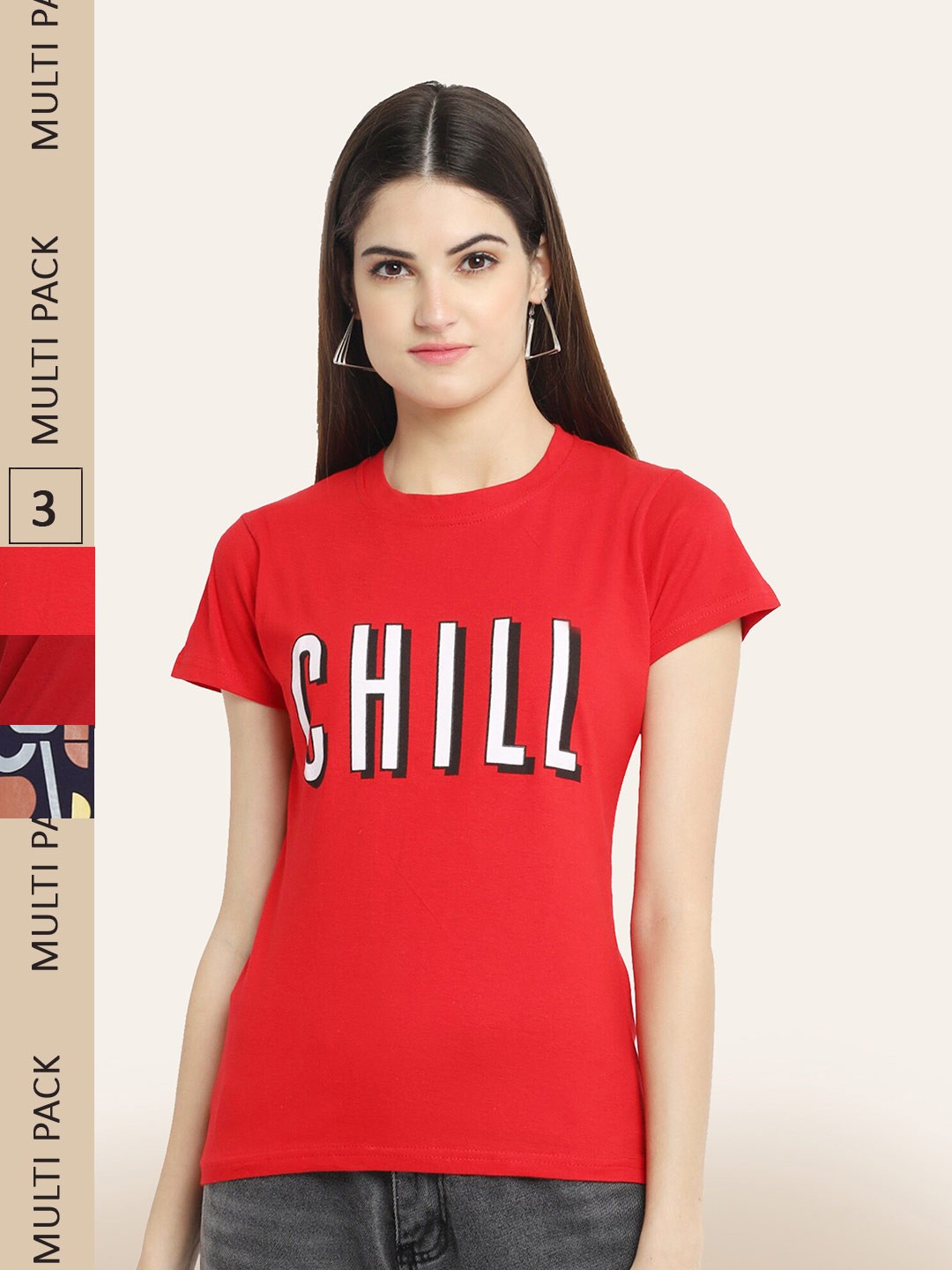 

BAESD Women Pack of 3 Printed Cotton T-shirts, Red
