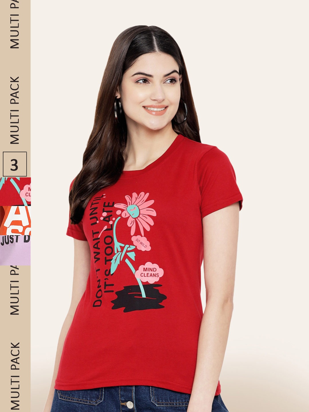 

BAESD Pack Of 3 Printed Casual Cotton T-shirts, Red