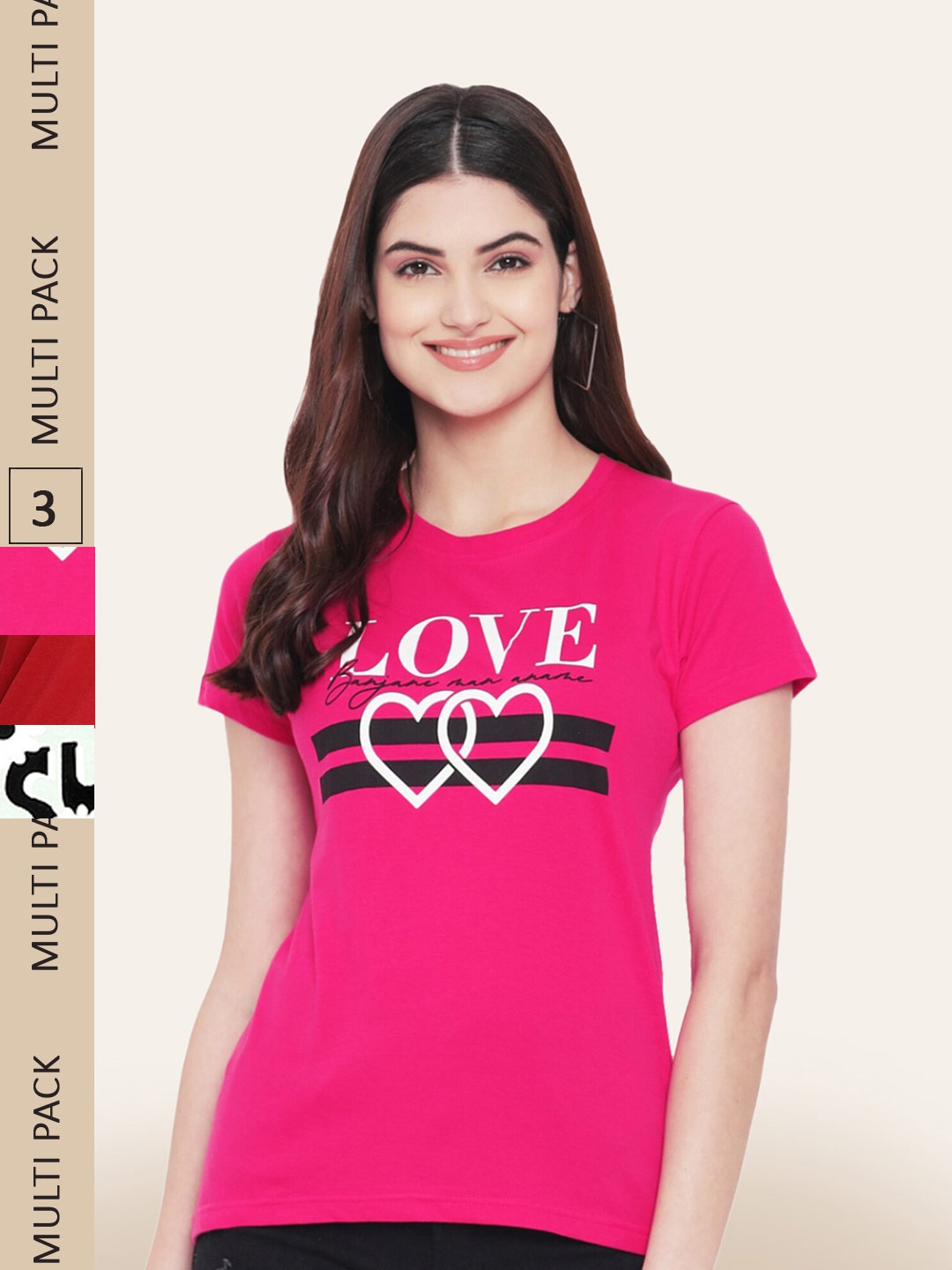 

BAESD Pack Of 3 Typography Printed Cotton T-shirt, Pink
