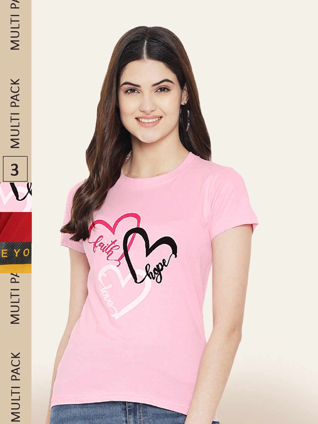 

BAESD Pack Of 3 Typography Printed Cotton T-shirt, Pink