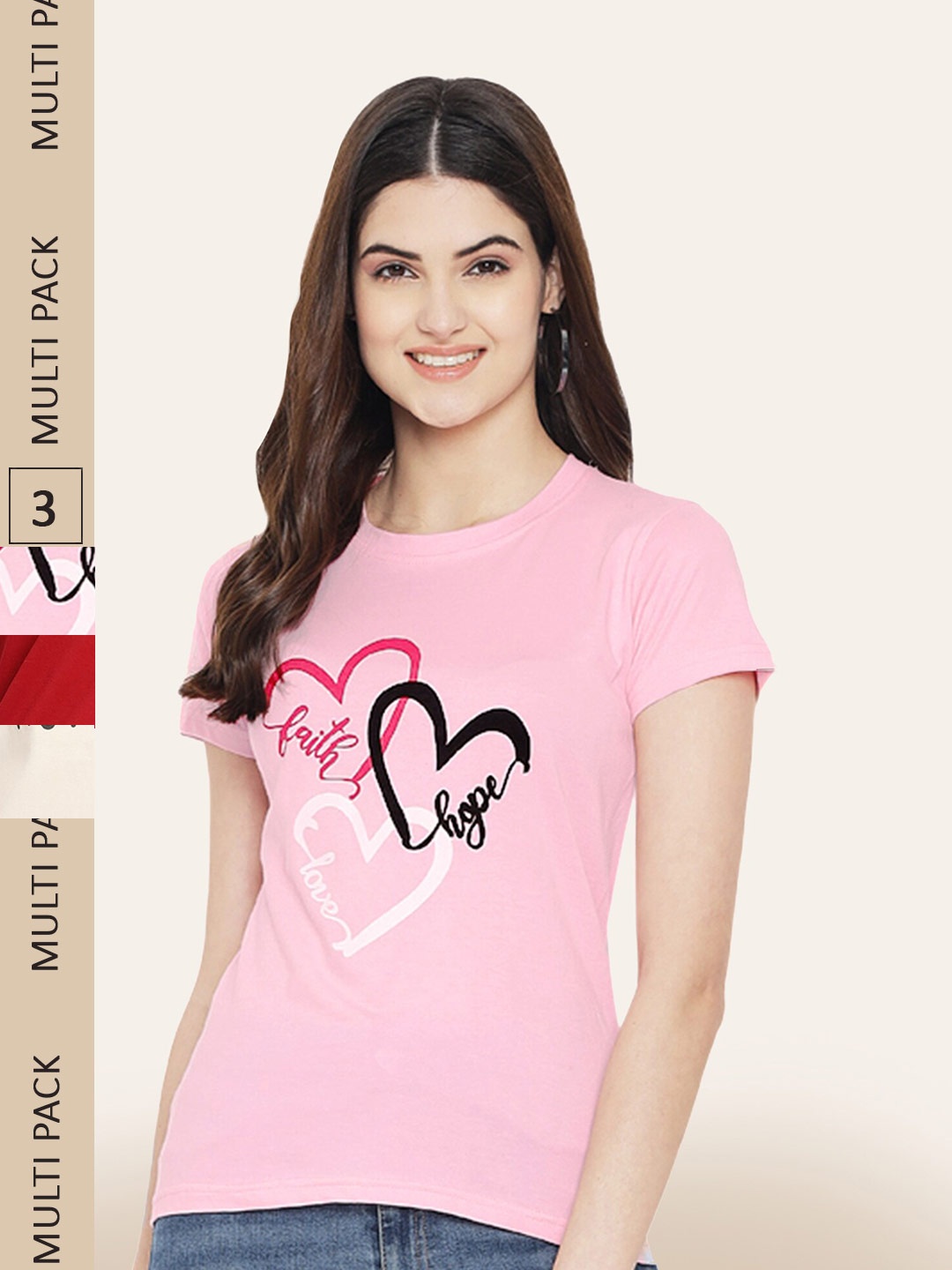 

BAESD Pack Of 3 Printed Cotton T-shirts, Pink