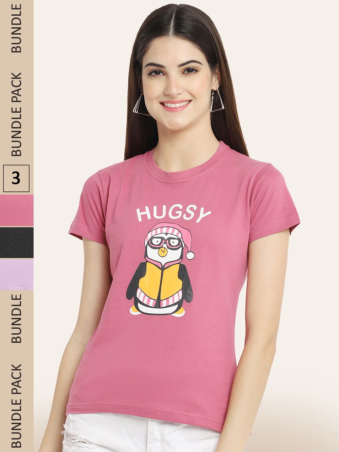

BAESD Pack Of 3 Printed Cotton T-Shirt, Pink