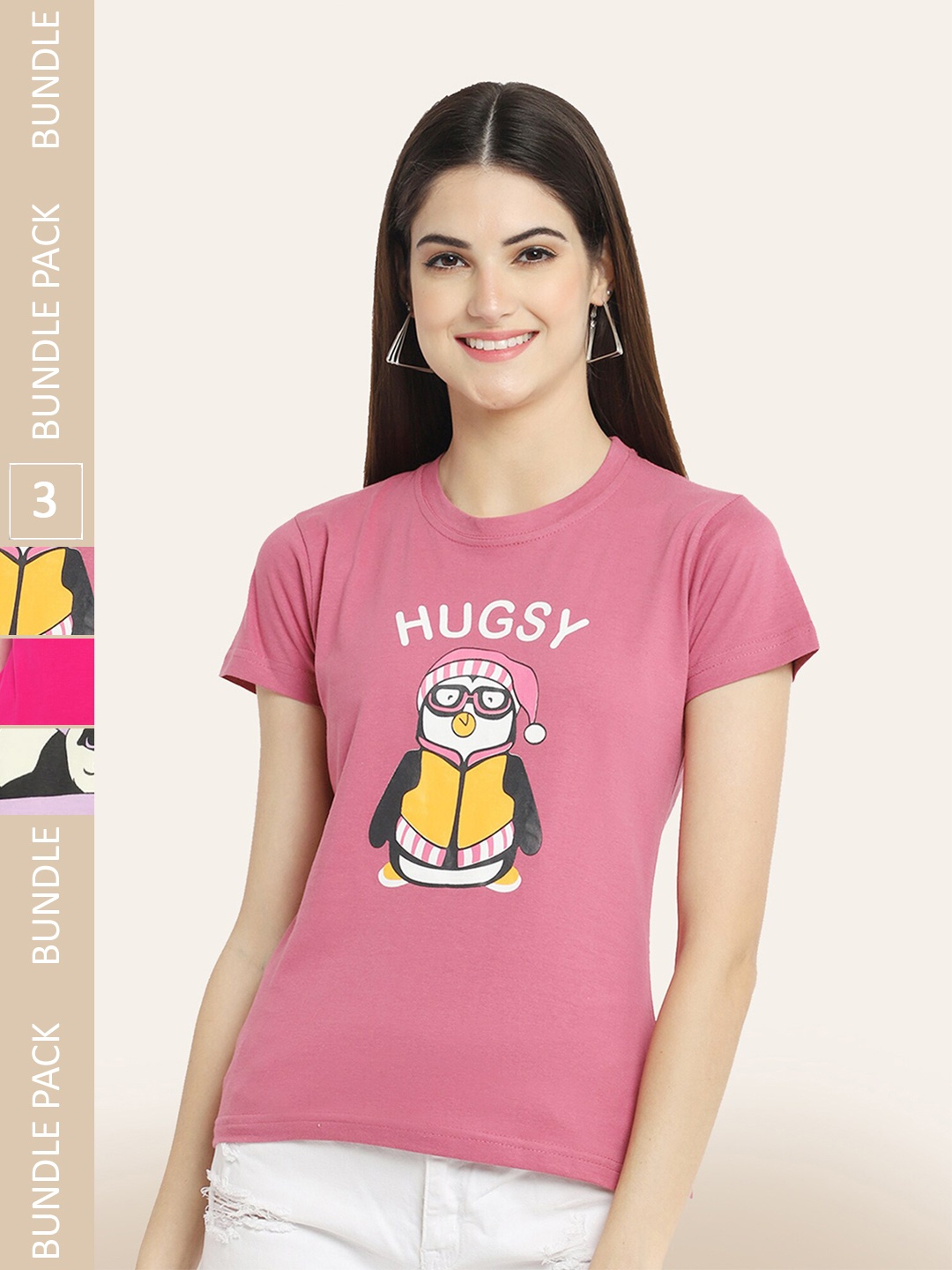 

BAESD Pack of 3 Typography Printed Cotton T-shirt, Mauve