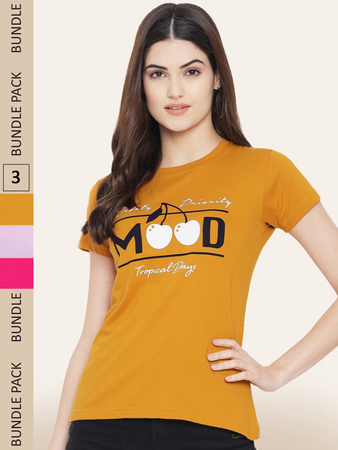 

BAESD Pack of 3 Typography Printed Cotton T-shirt, Mustard