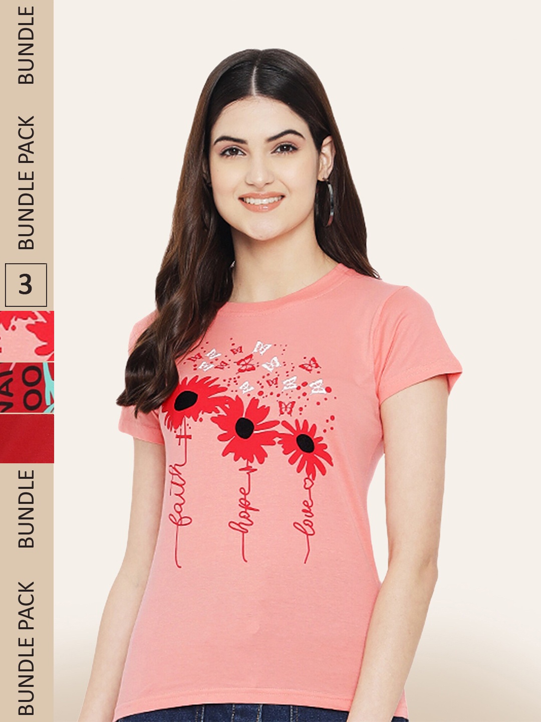 

BAESD Pack Of 3 Printed Cotton T-shirt, Peach