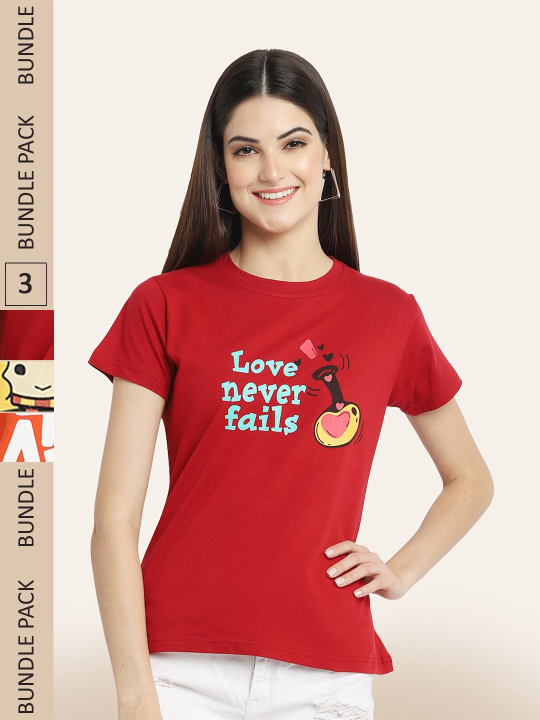 

BAESD Pack Of 3 Round Neck Printed Cotton T-shirt, Red