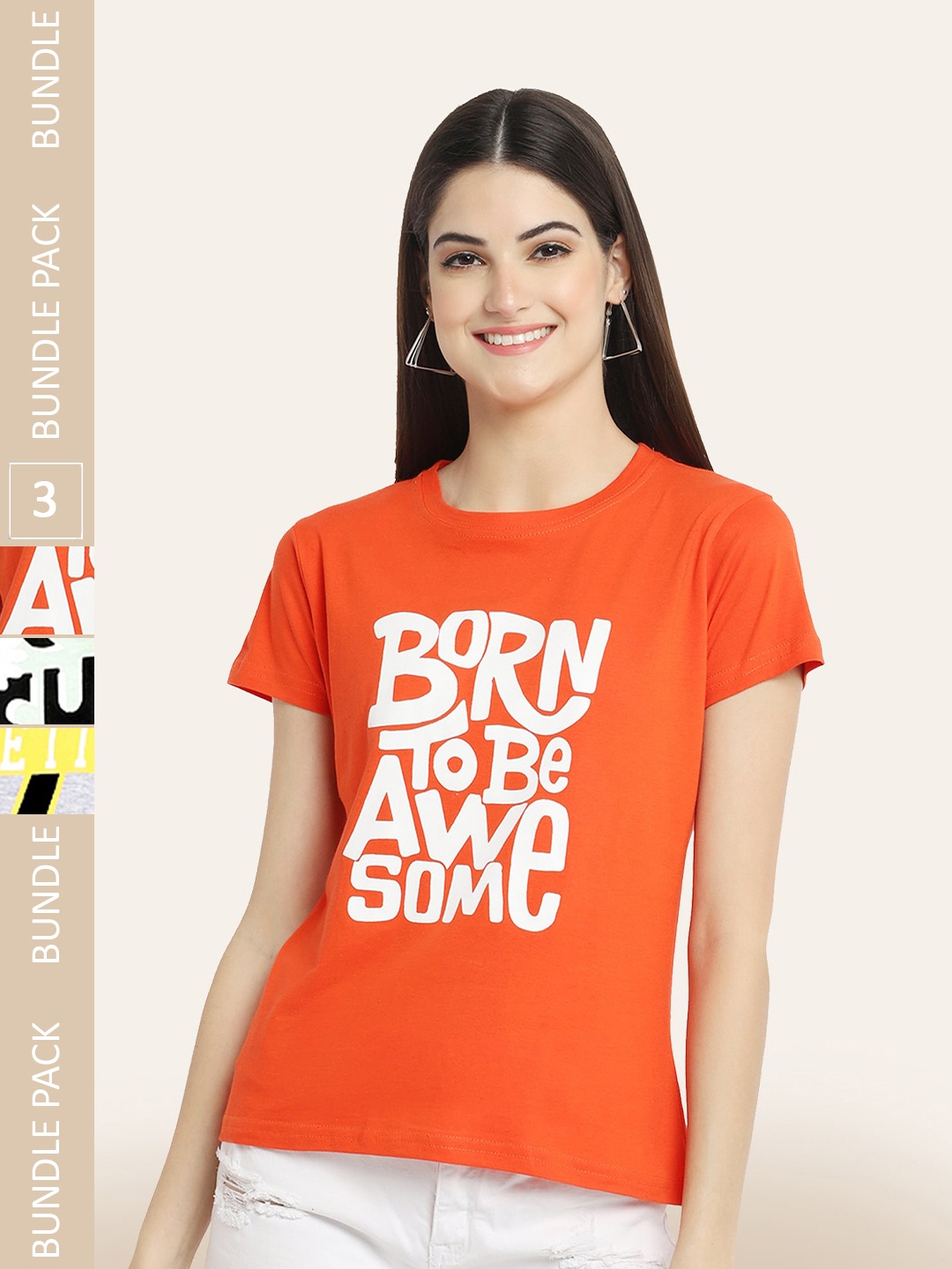 BAESD Pack Of 3 Printed Cotton T-shirt, Orange
