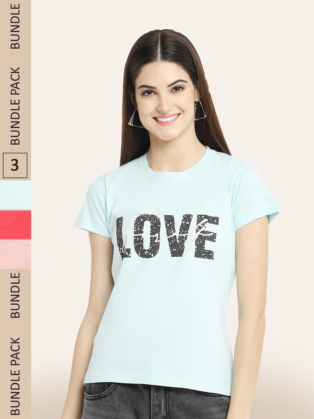 BAESD Pack of 3 Typography Printed Cotton T-shirts, Blue