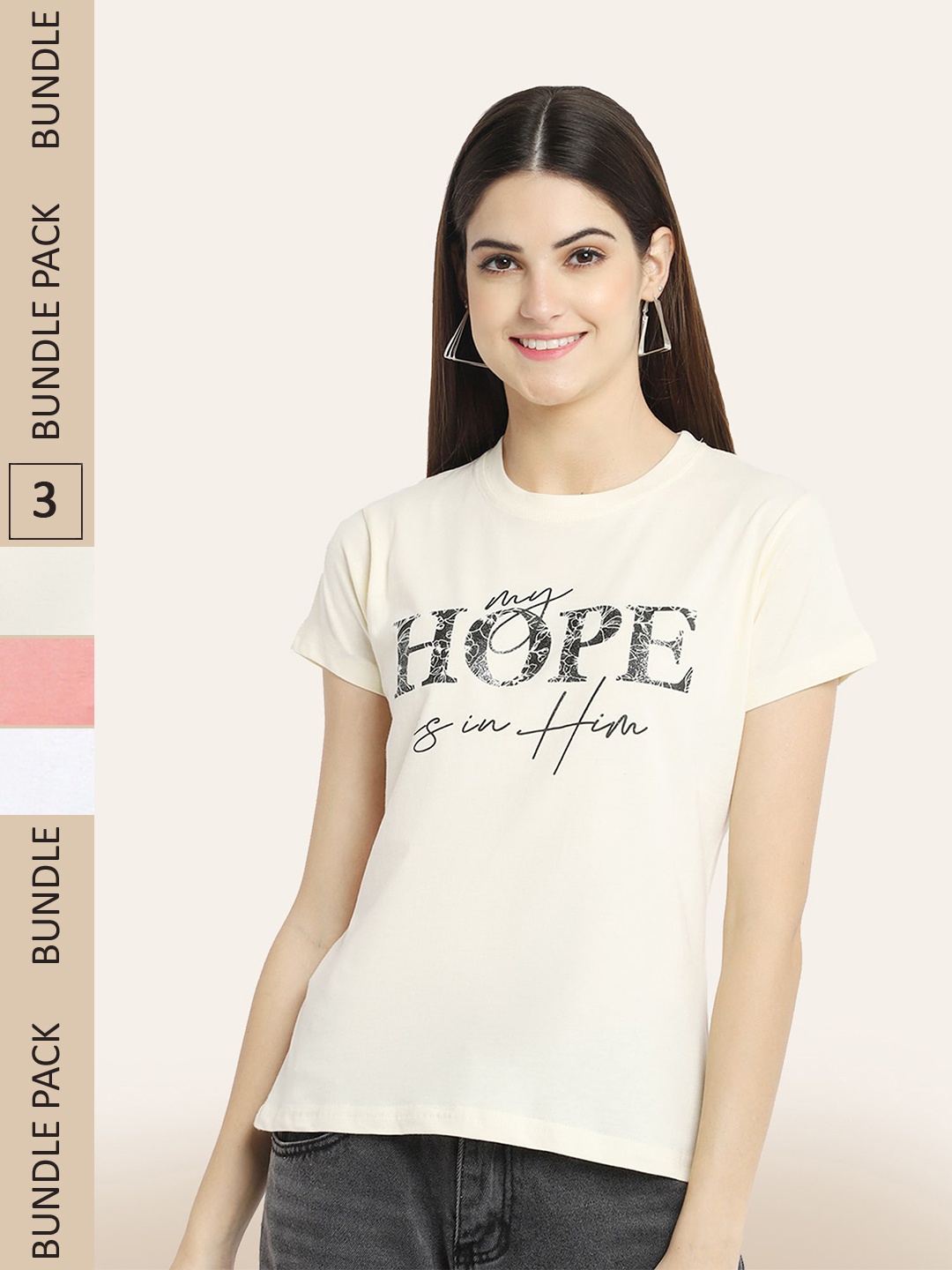 

BAESD Pack Of 3 Round Neck Printed Cotton T-shirt, Cream