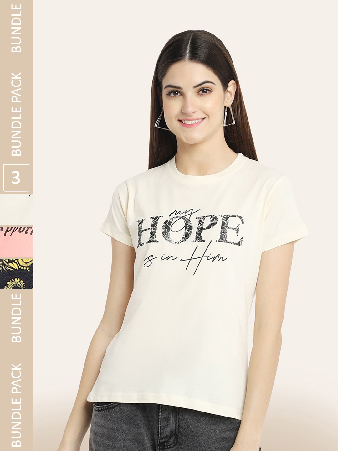 

BAESD Pack Of 3 Typography Printed Cotton T-shirt, Cream