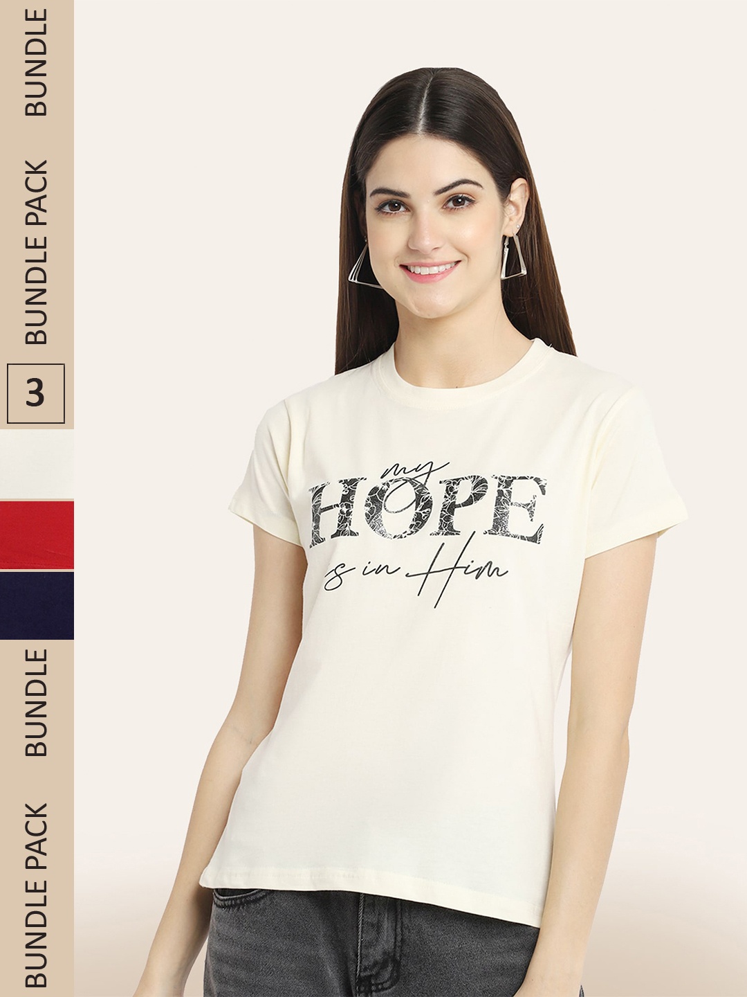 BAESD Pack Of 3 Typography Printed Cotton T-shirt, Cream