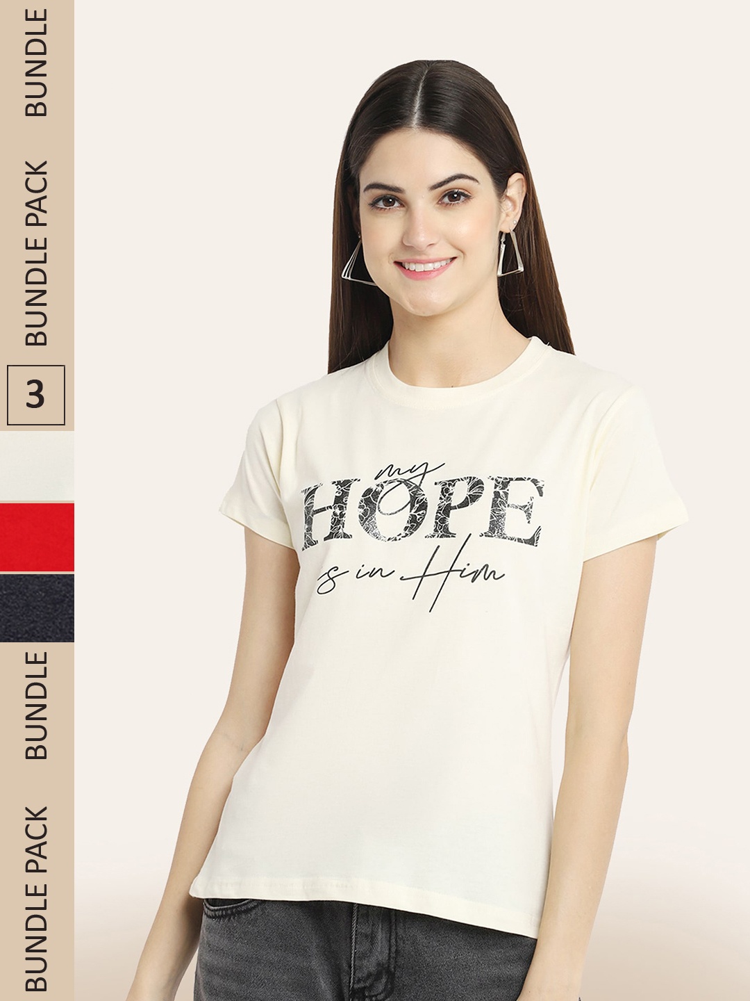 

BAESD Pack Of 3 Typography Printed Cotton T-shirts, Off white