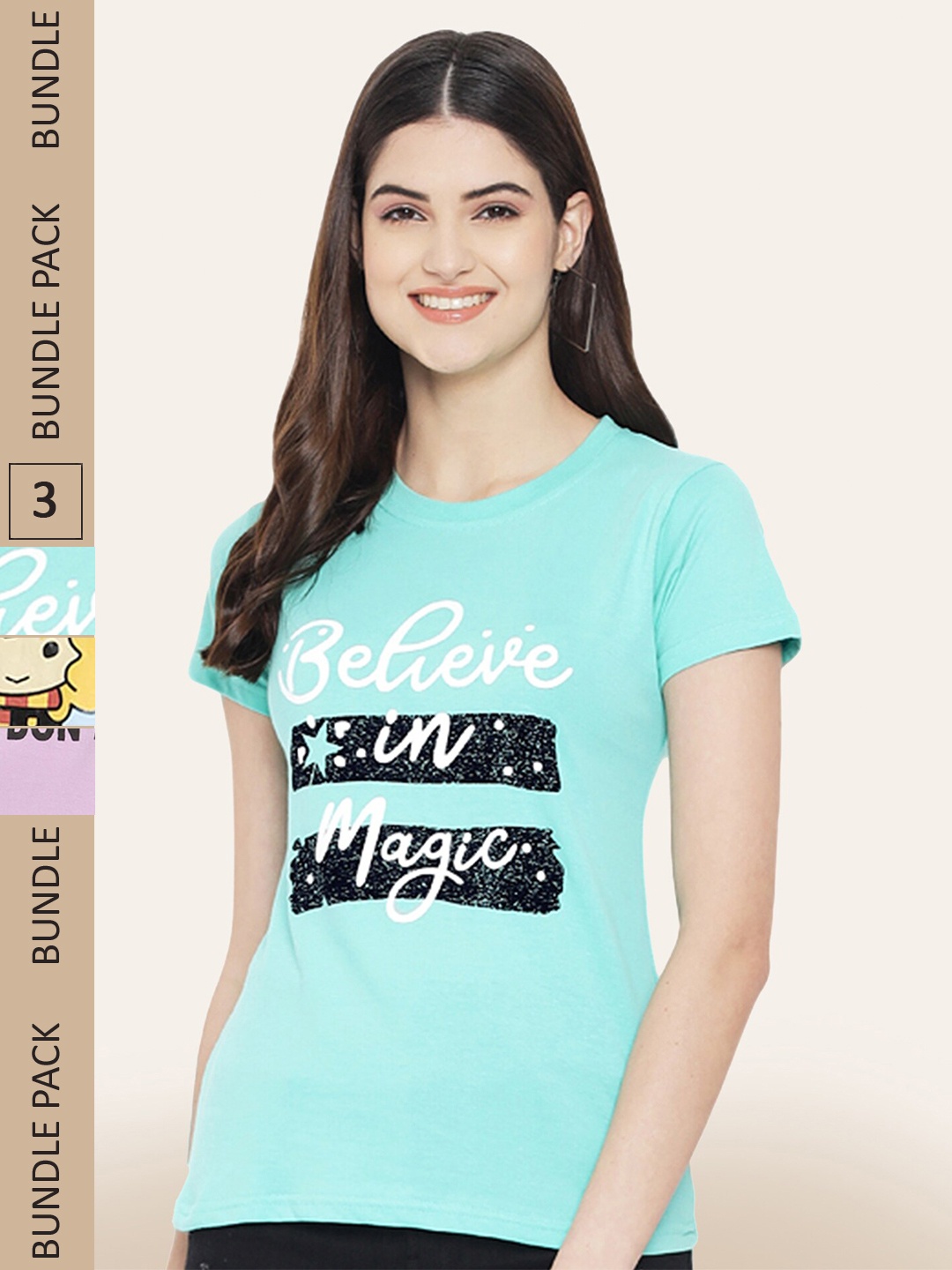 

BAESD Women Pack Of 3 Printed Cotton T-shirt, Blue