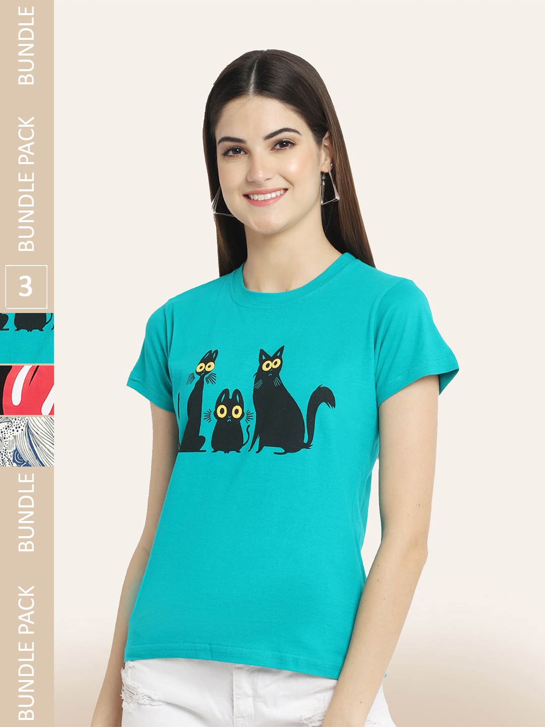 

BAESD Women Pack Of 3 Printed Cotton T-shirt, Teal