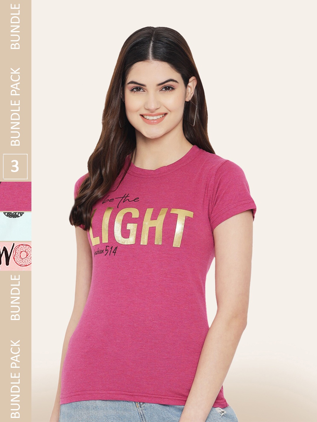 

BAESD Pack Of 3 Typography Printed Cotton T-Shirt, Pink