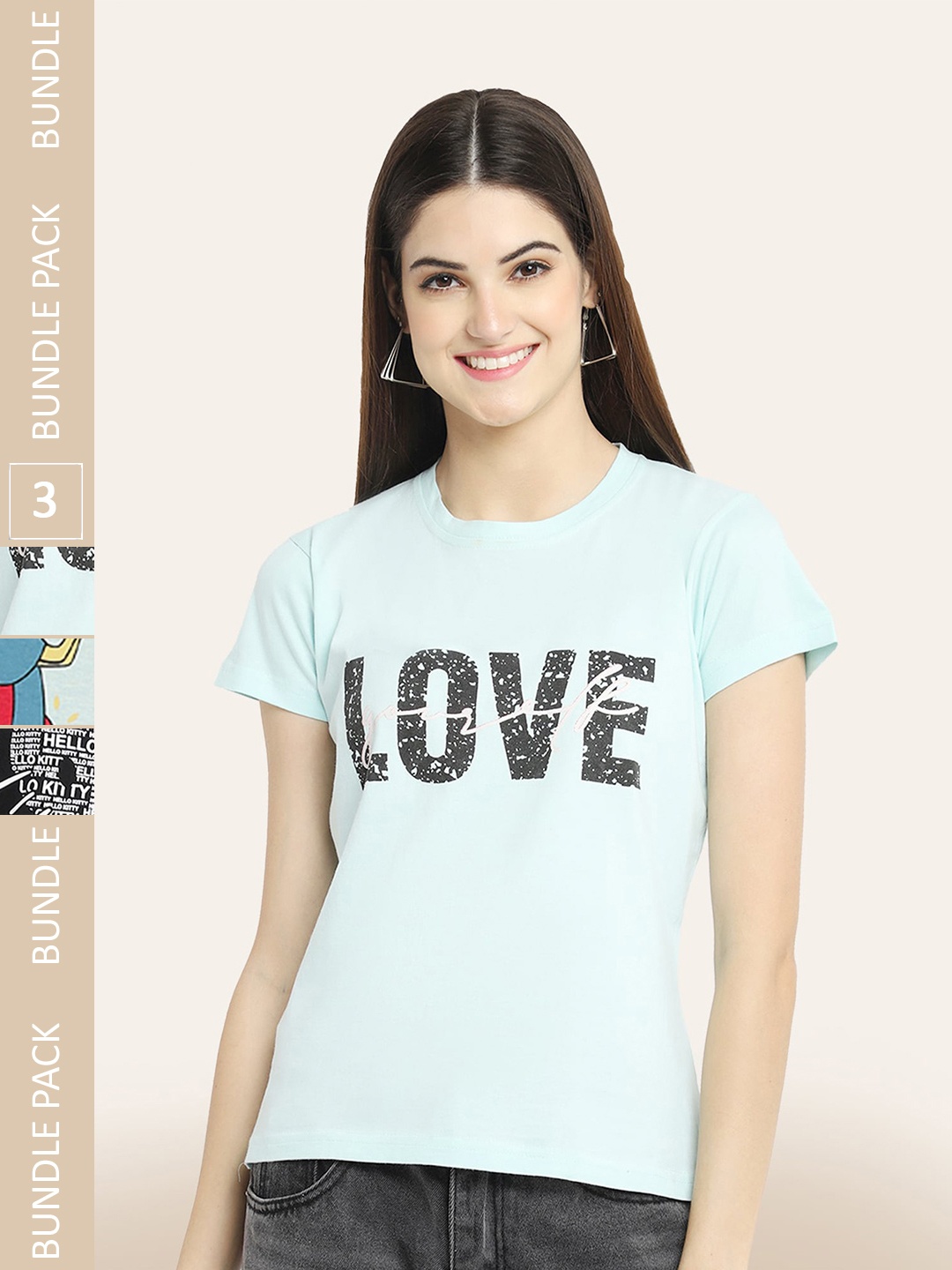 BAESD Women Pack Of 3 Printed Cotton T-shirt, Blue
