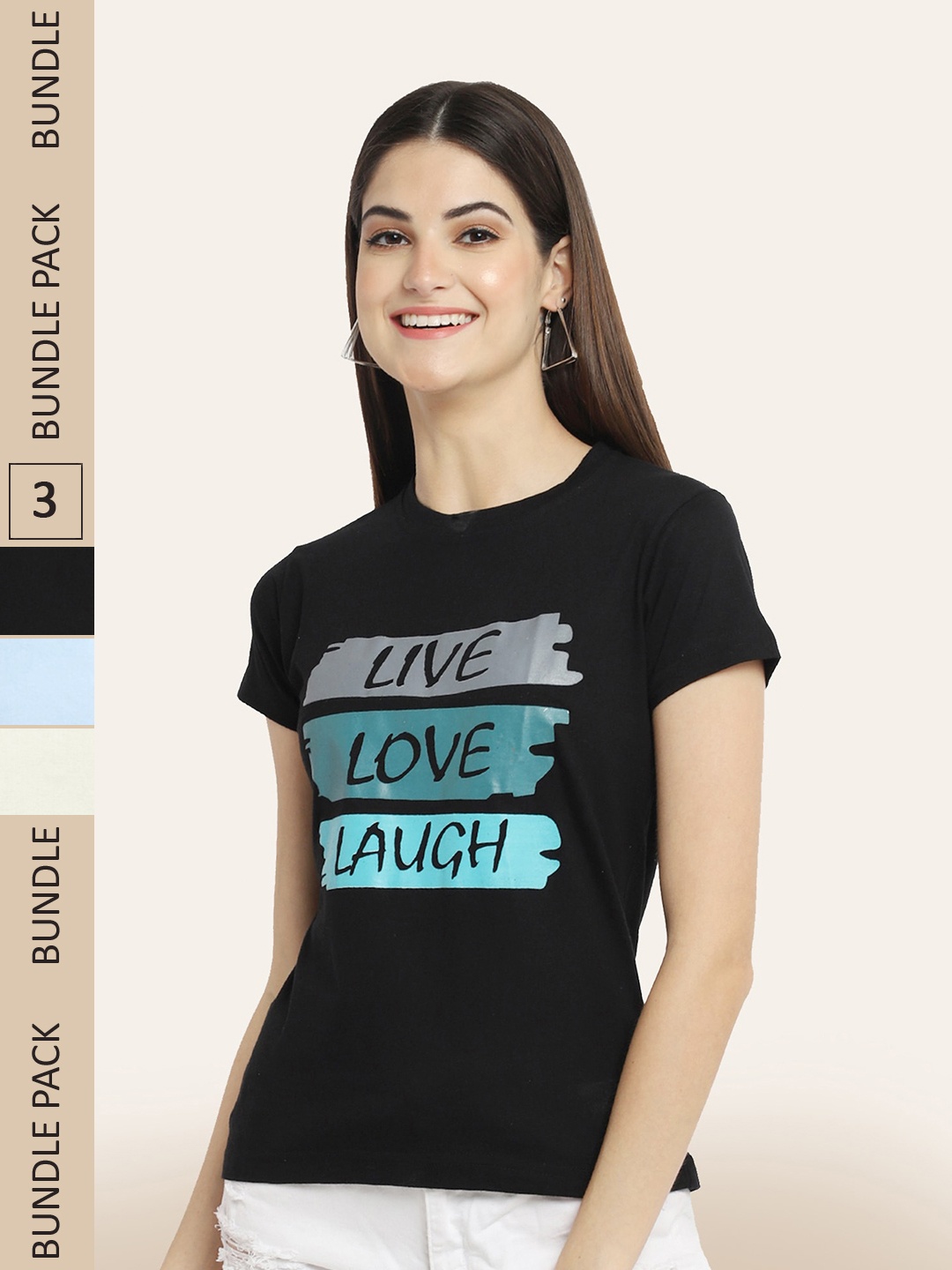 

BAESD Women Pack Of 3 Typography Printed Cotton T-shirt, Black