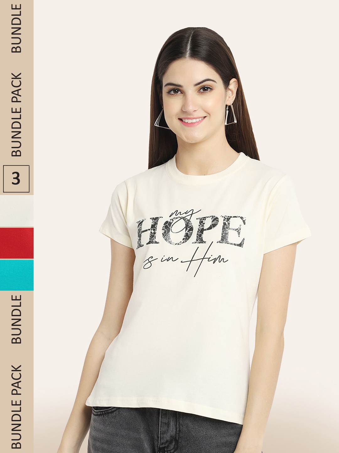 BAESD Women Pack Of 3 Typography Printed Cotton T-shirt, Beige