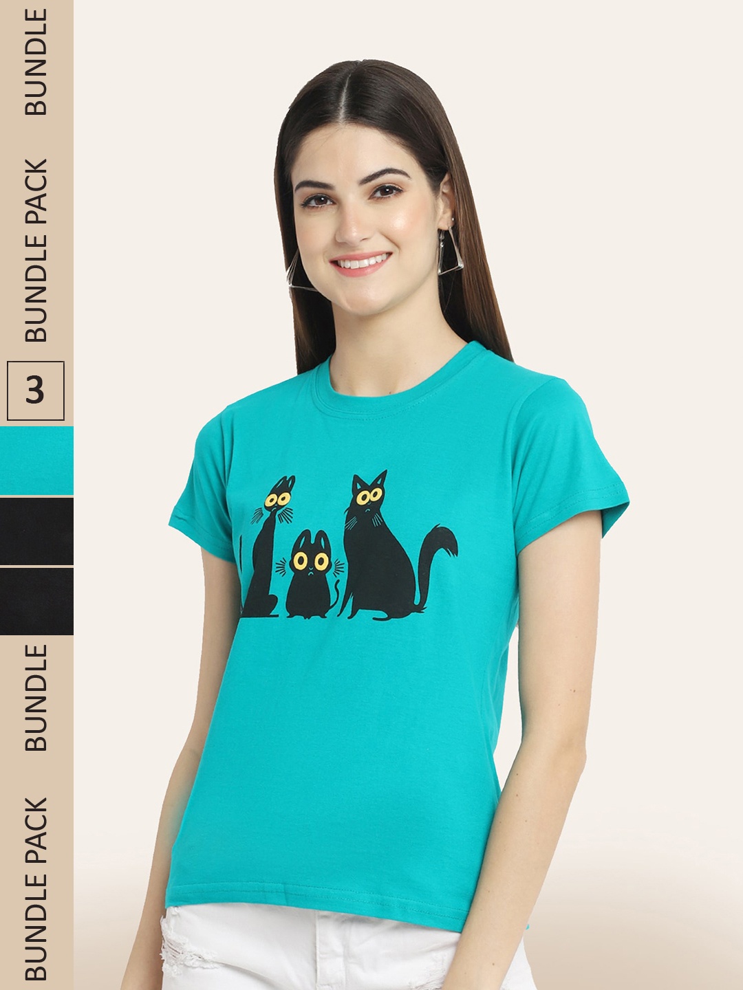 

BAESD Women Pack Of 3 Typography Printed Cotton T-shirt, Teal