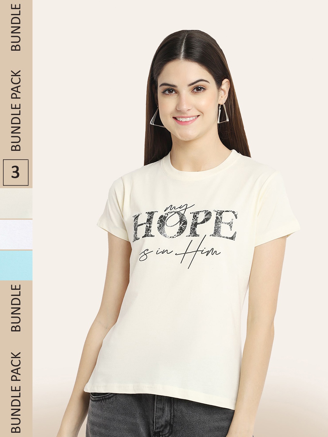 BAESD Pack Of 3 Round Neck Printed Cotton T-shirt, Cream