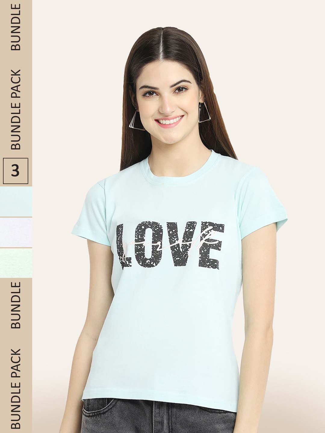 

BAESD Women Pack Of 3 Printed Cotton T-shirt, Blue