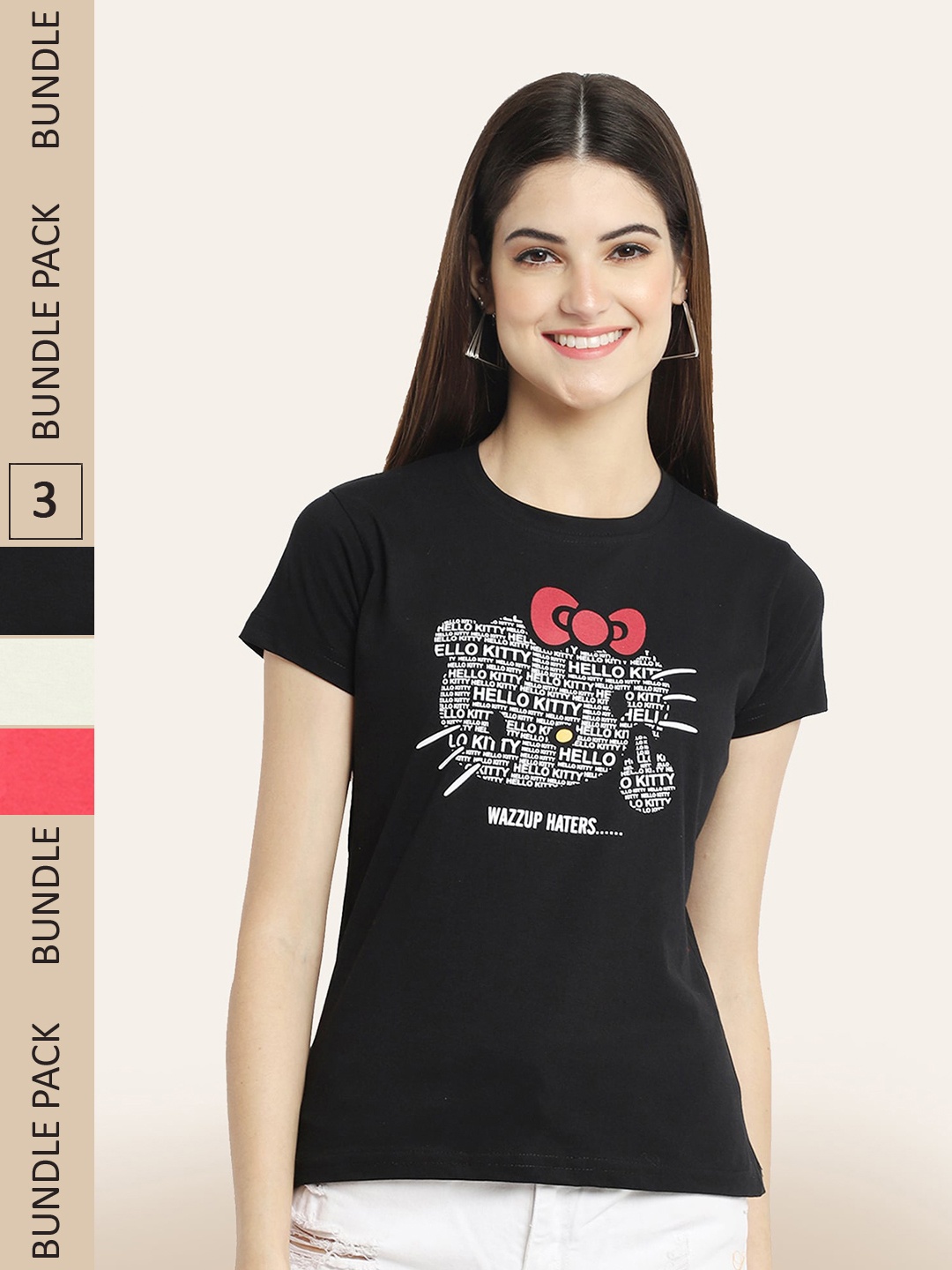 

BAESD Pack Of 3 Hello Kitty Printed Cotton T-shirt, Black