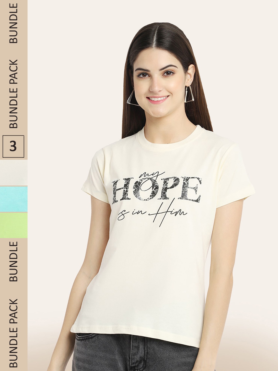

BAESD Women Pack Of 3 Typography Printed Cotton T-shirt, Beige