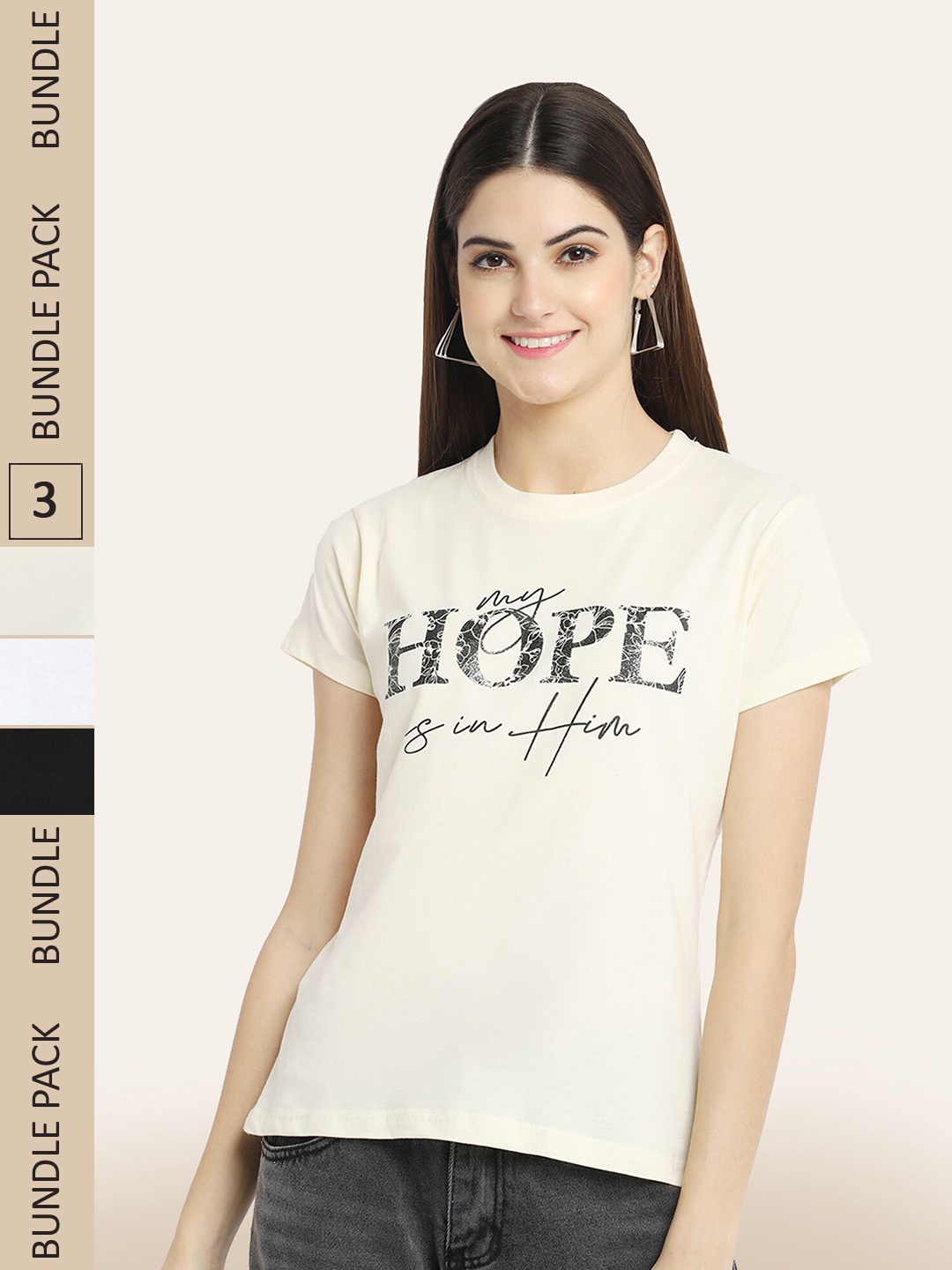 BAESD Pack Of 3 Typography Printed Cotton T-shirt, Cream