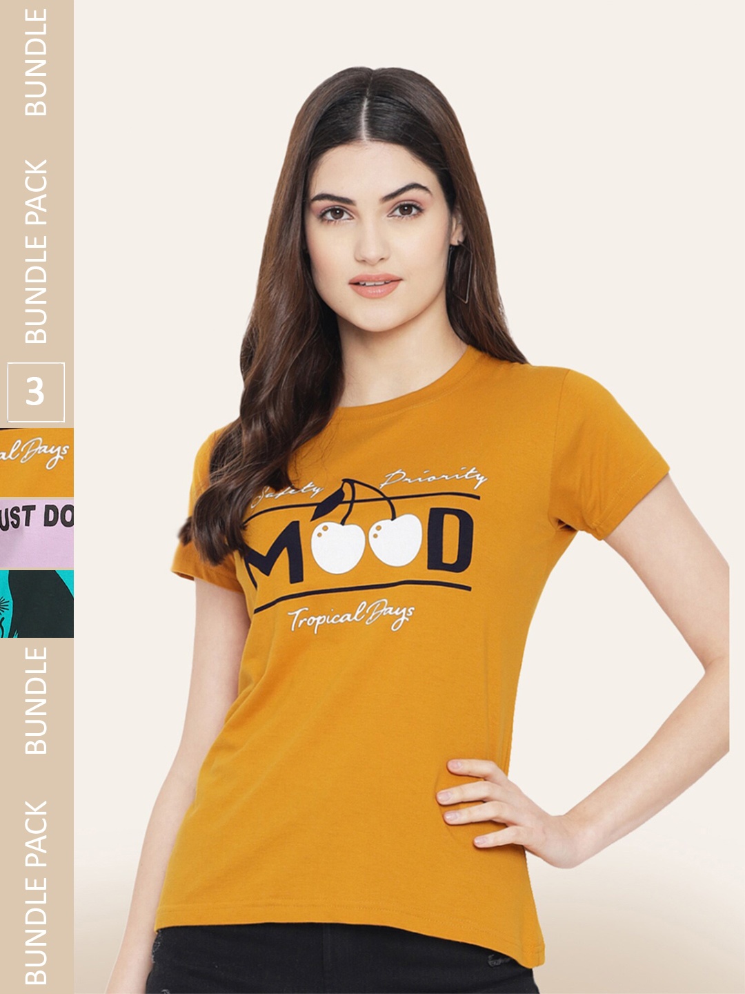

BAESD Pack Of 3 Typography Printed Cotton T-shirt, Mustard