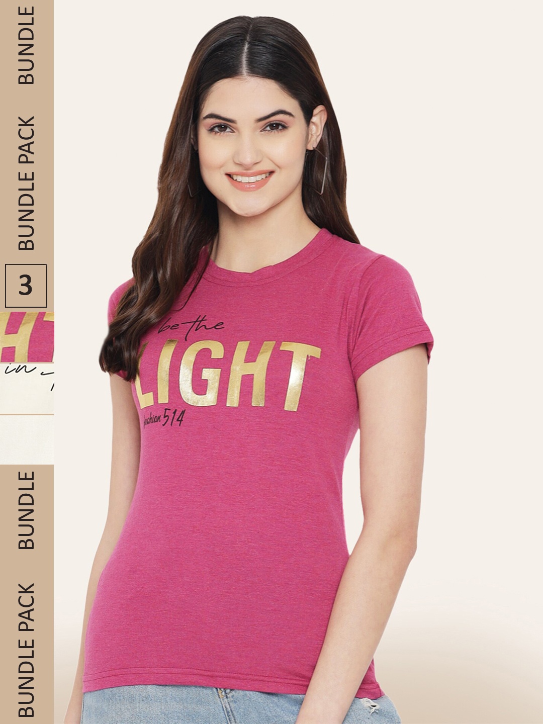 

BAESD Pack Of 3 Typography Printed Cotton T-shirts, Pink