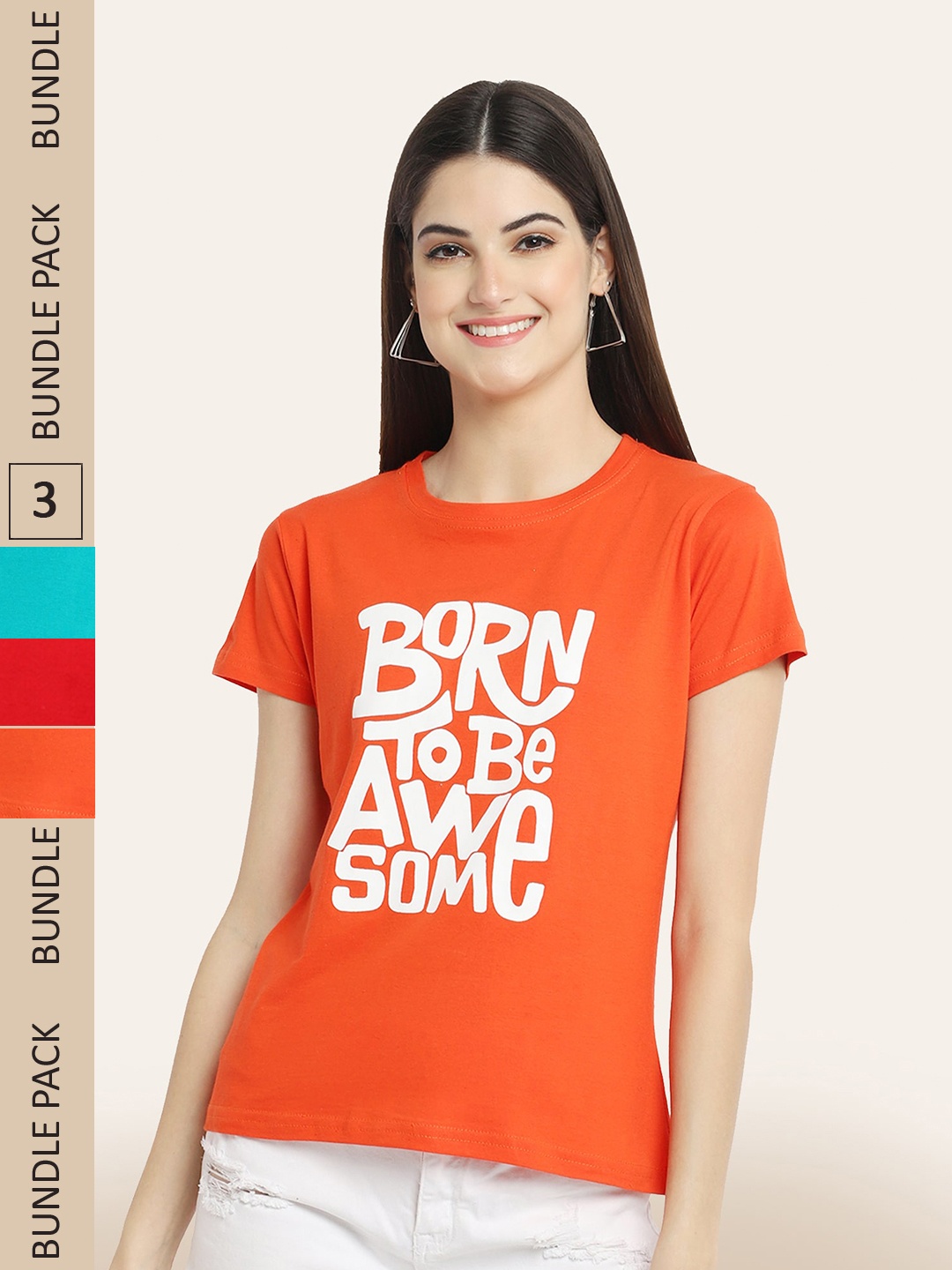 BAESD Pack of 3 Typography Printed T-Shirts, Teal