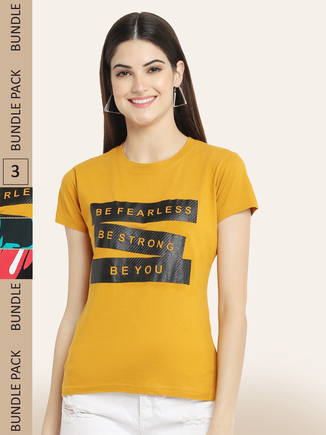 

BAESD Pack Of 3 Printed Round Neck Cotton T-Shirts, Mustard