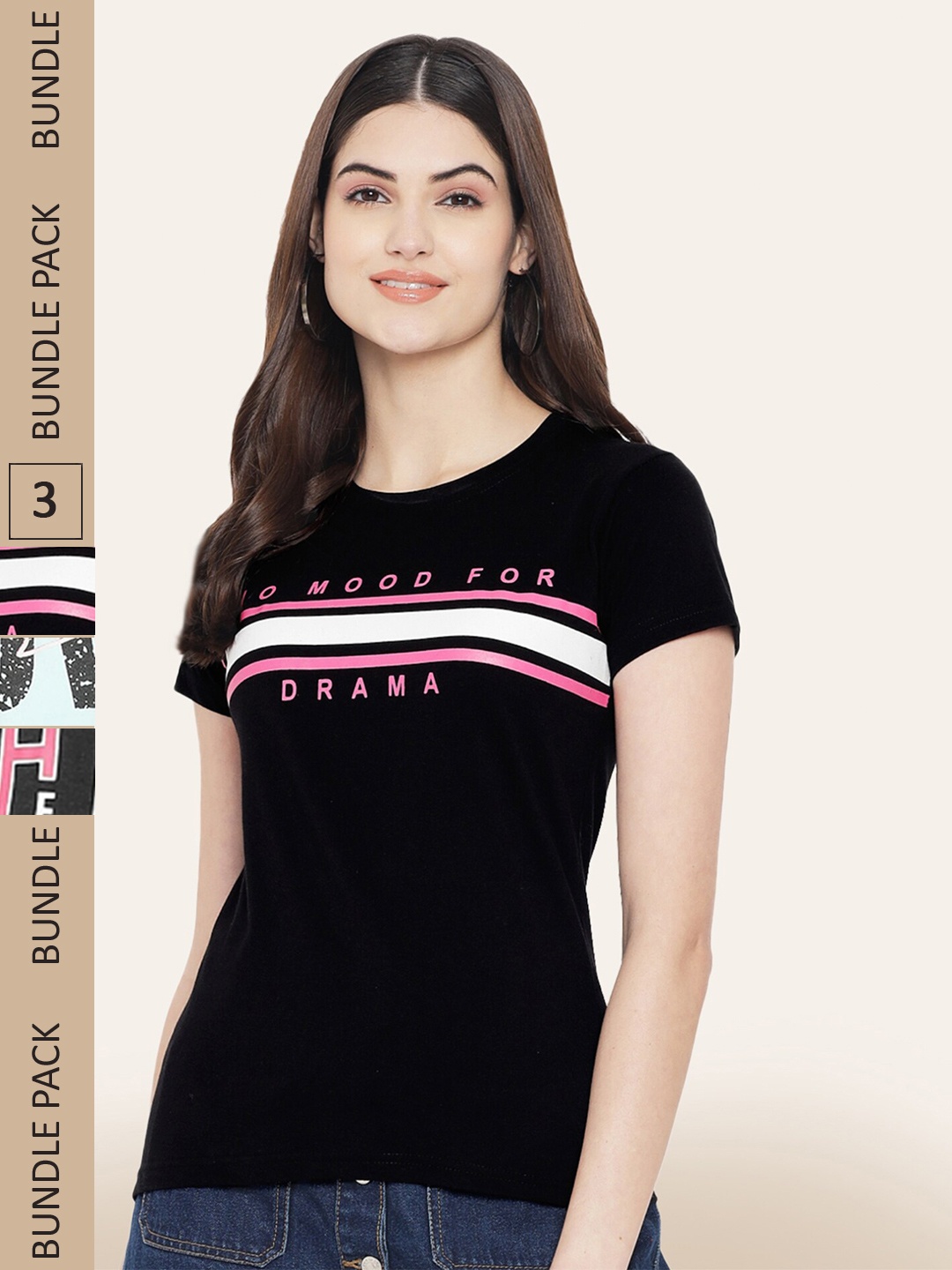 

BAESD Women Pack of 3 Printed Cotton T-shirts, Black
