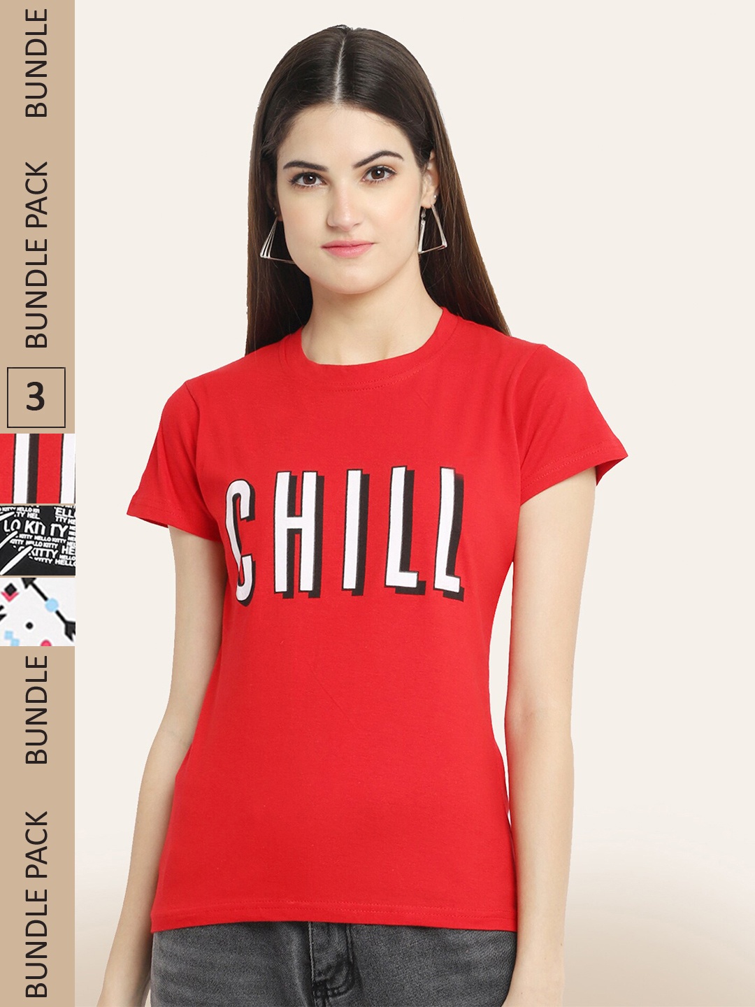 

BAESD Pack of 3 Printed Cotton Round Neck T-shirt, Red