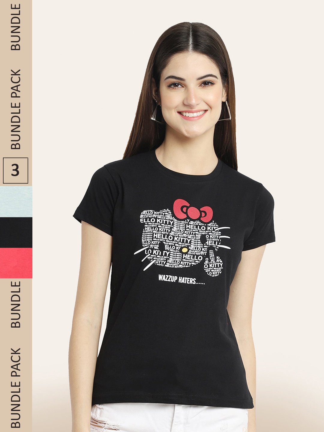 

BAESD Women Pack Of 3 Graphic Printed Cotton T-shirt, Black