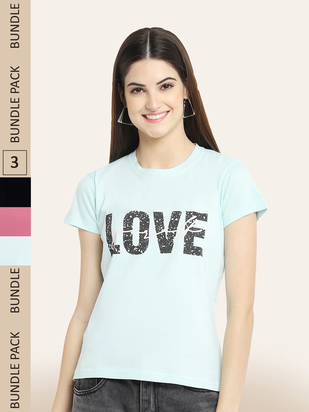 

BAESD Pack of 3 Typography Printed Cotton T-shirts, Blue