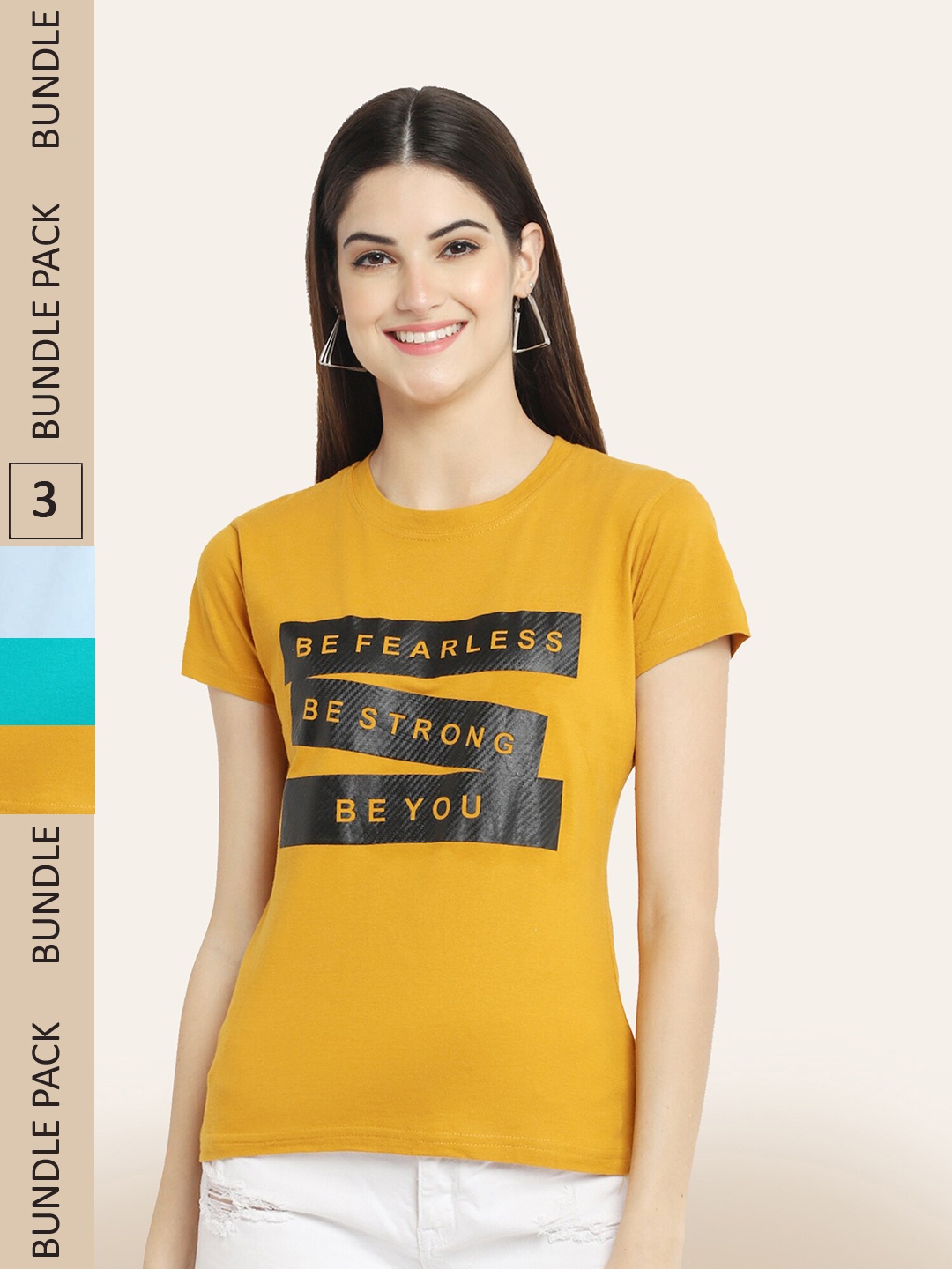

BAESD Pack Of 3 Typography Printed Cotton T-shirt, Mustard