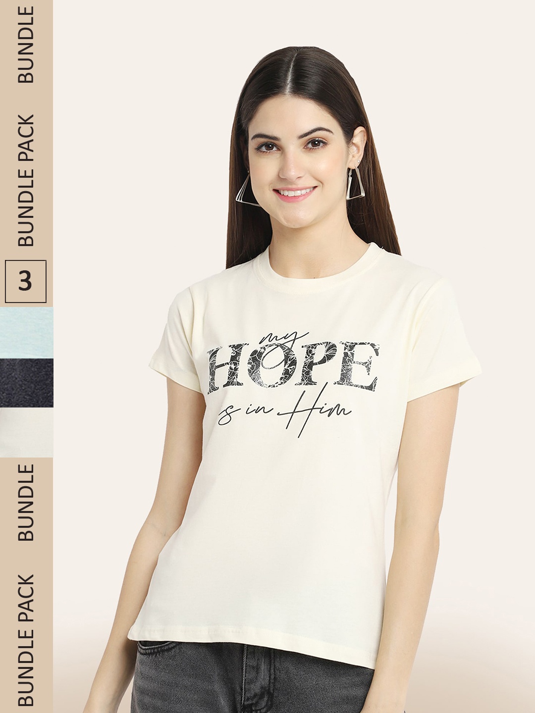 

BAESD Pack Of 3 Printed Cotton T-shirts, Cream