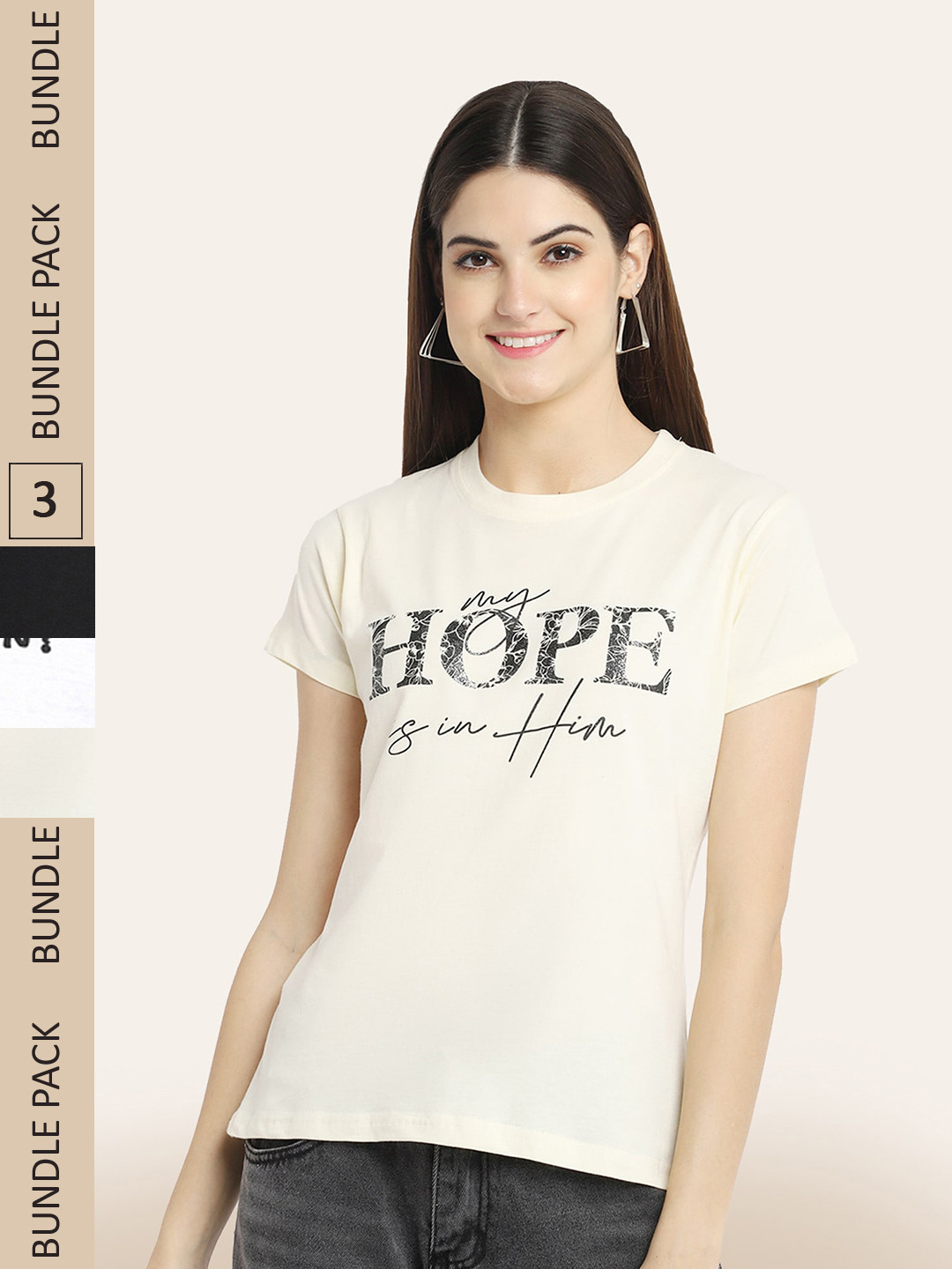 

BAESD Pack Of 3 Typography Printed Round Neck Cotton T-shirt, Cream