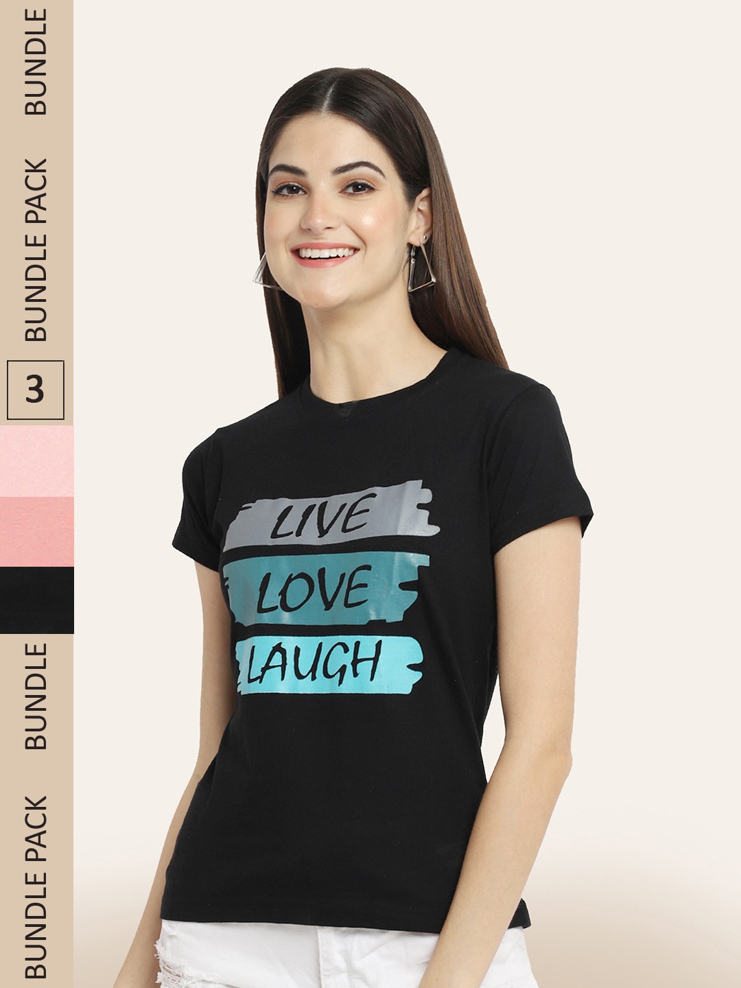 

BAESD Women Pack of 3 Printed Cotton T-shirts, Black