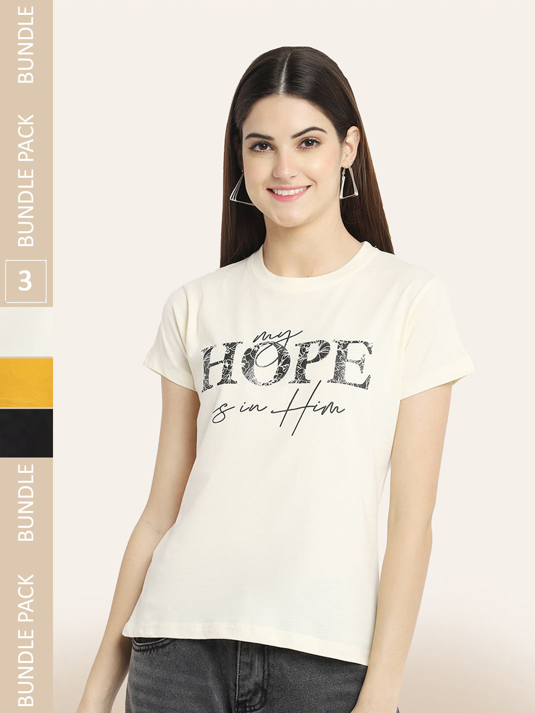 

BAESD Pack Of 3 Typography Printed Cotton T-shirt, Cream