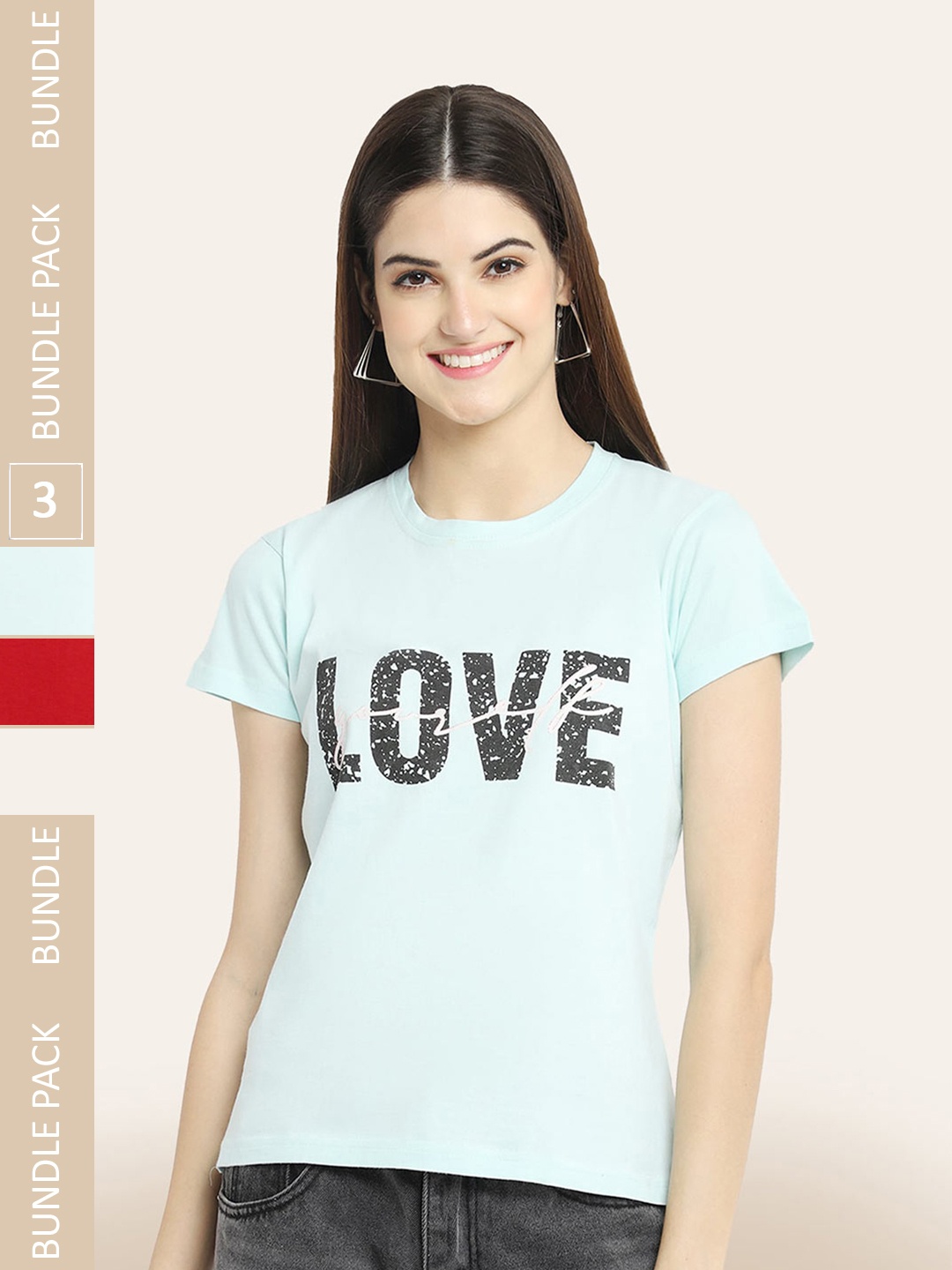

BAESD Pack of 3 Typography Printed Cotton T-shirt, Blue