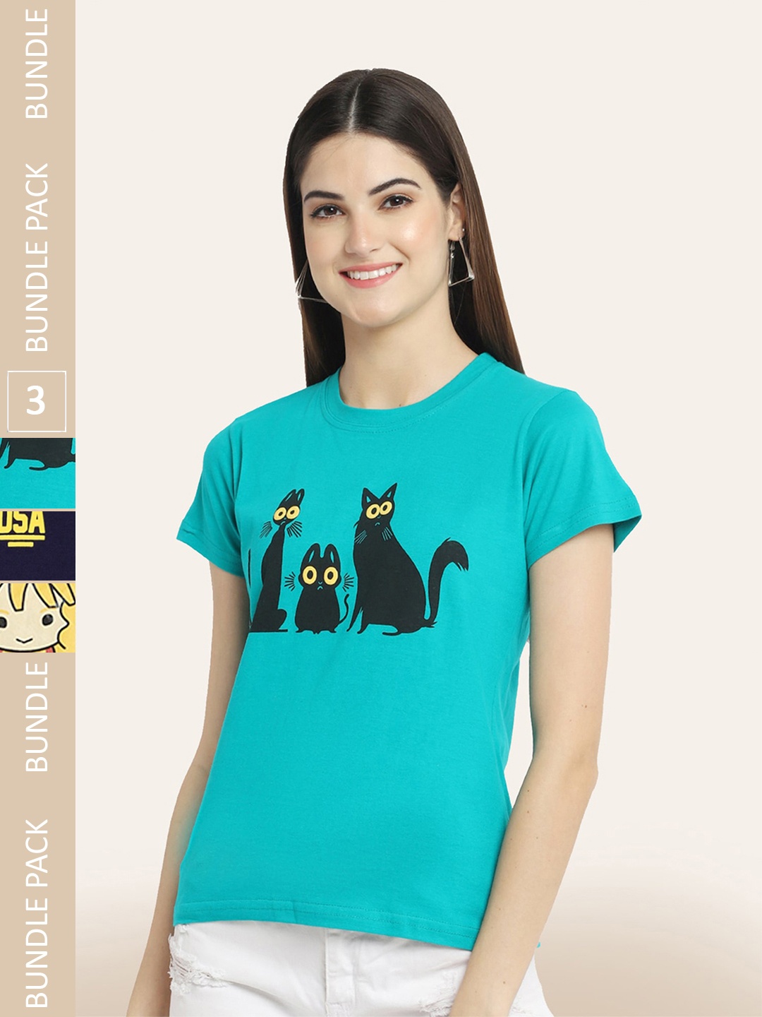 

BAESD Pack Of 3 Printed Cotton T-shirt, Teal