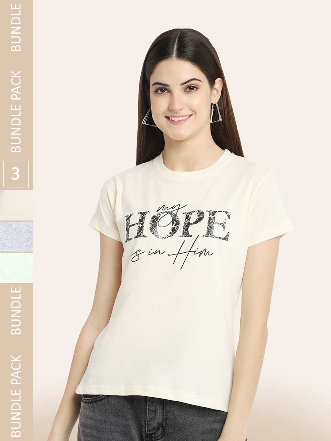 

BAESD Pack of 3 Typography Printed Cotton T-shirts, Cream