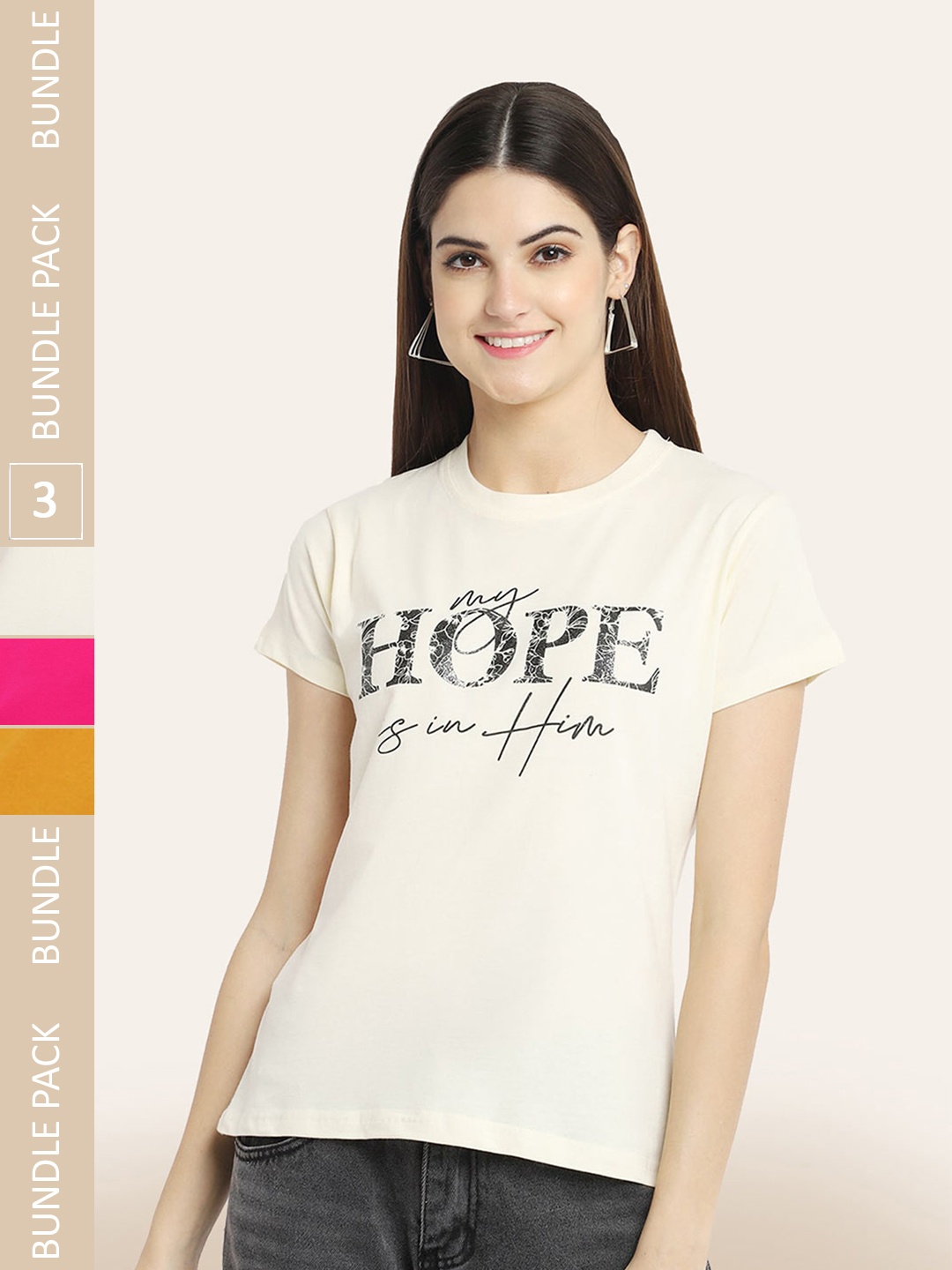 

BAESD Pack Of 3 Typography Printed Cotton T-shirt, Cream