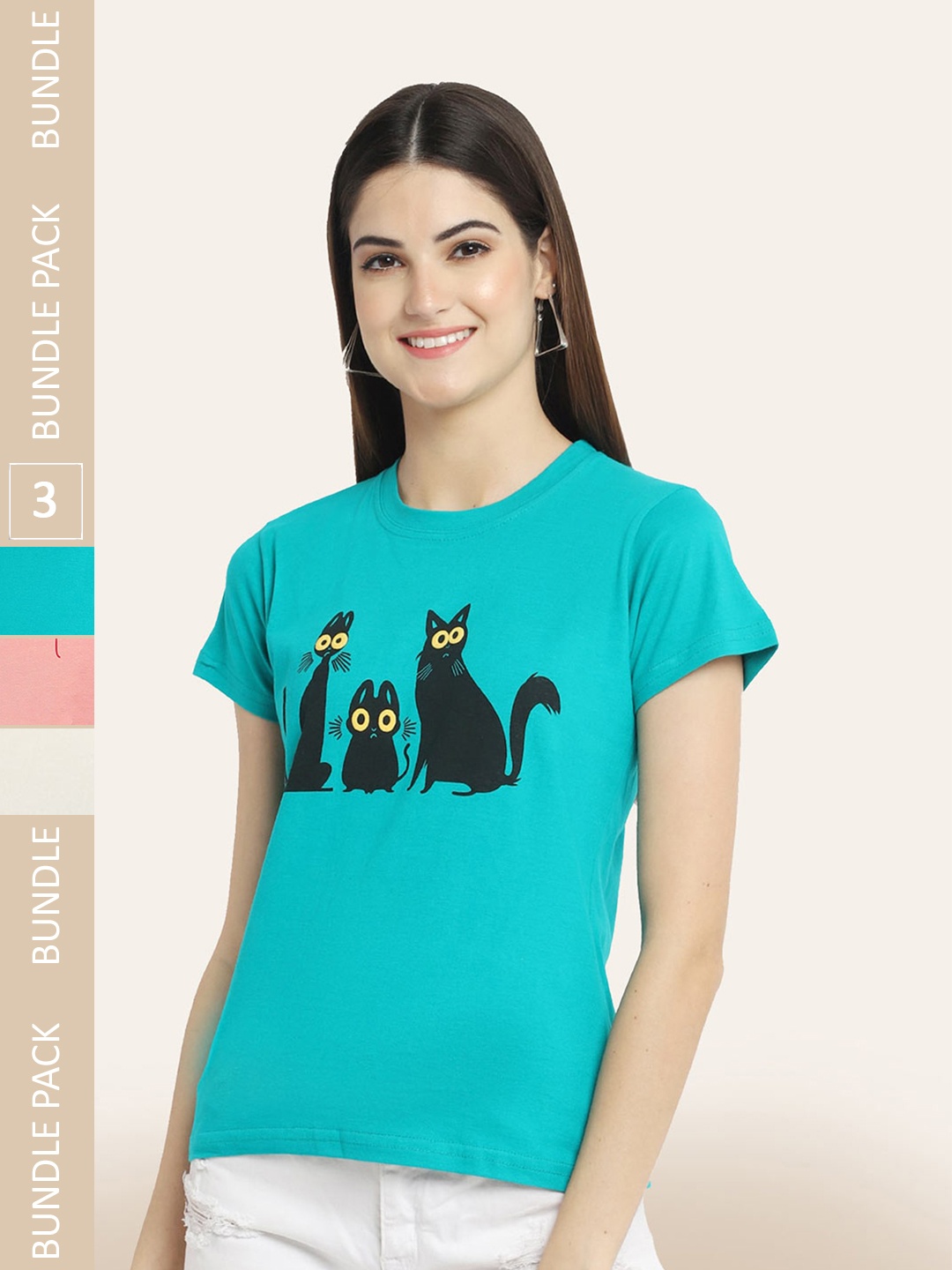

BAESD Women Pack of 3 Printed Cotton T-shirts, Blue