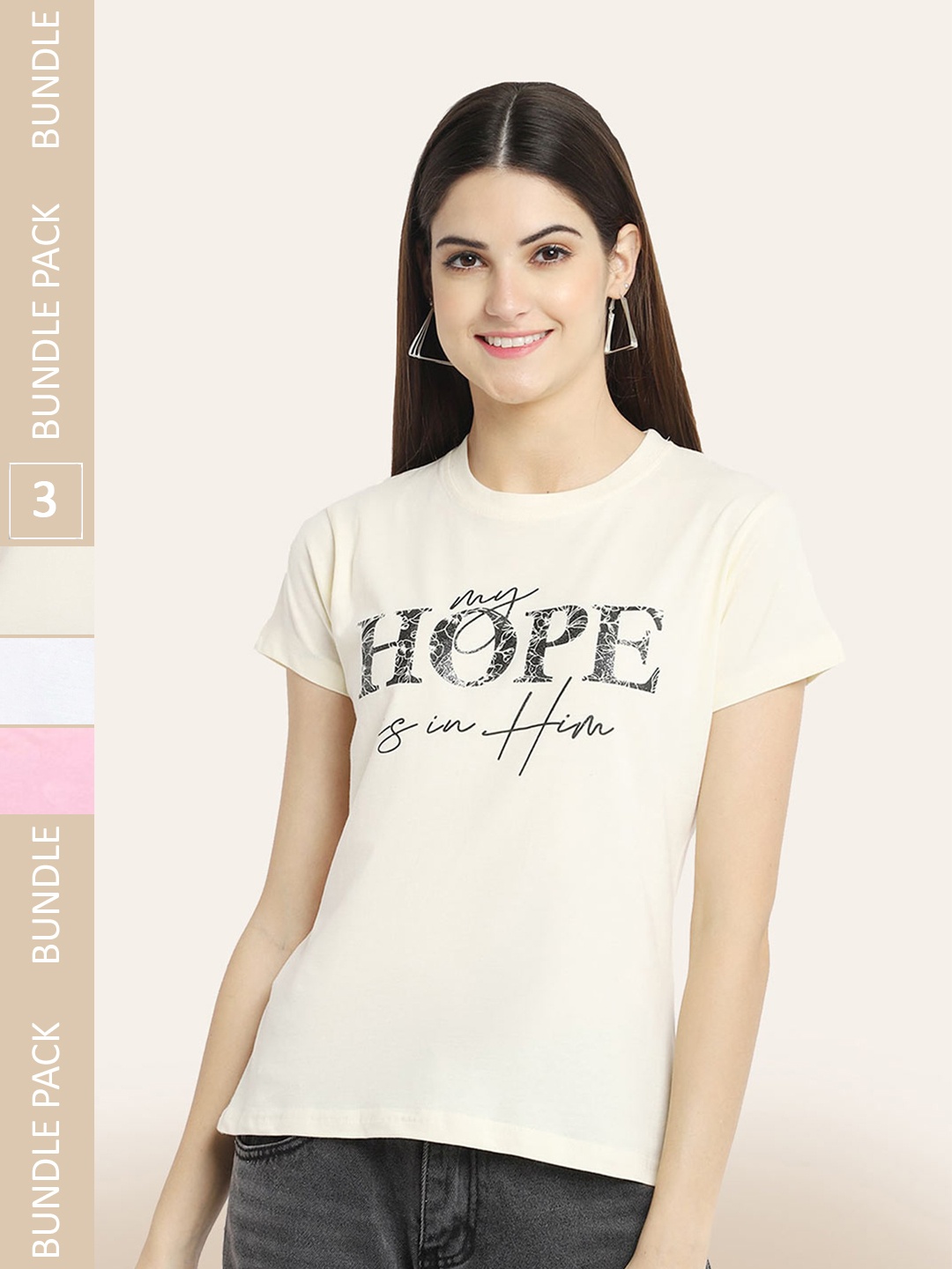 

BAESD Pack of 3 Typography Printed Cotton T-shirts, Beige