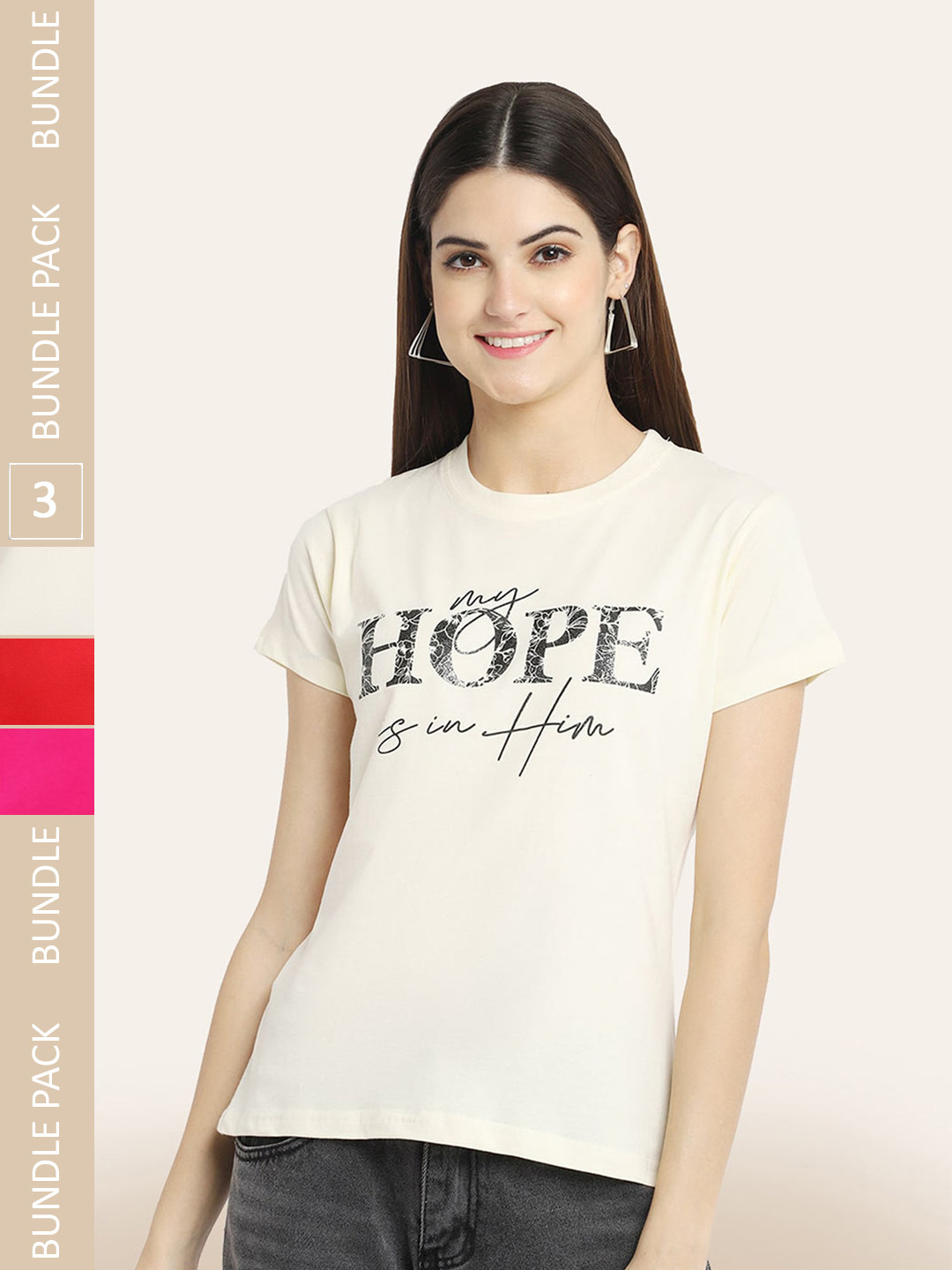 

BAESD Pack Of 3 Typography Printed Cotton T-shirt, Cream